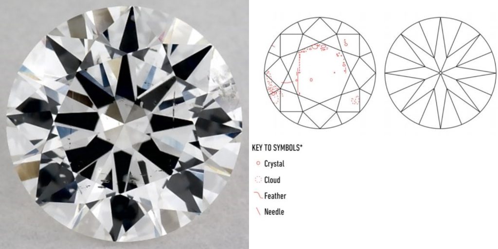 G Color SI2 Diamond with Thin Needle Inclusion Visible Near the Table 1.02 carat G color SI2 clarity diamond with a visible needle inclusion near the table, shown with its GIA clarity plot.
