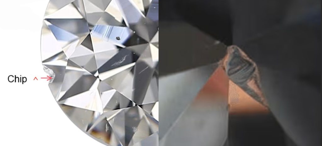 Diamond Chip Inclusions at the Girdle and Culet Chip inclusions in a diamond shown at the girdle and near the culet, demonstrating surface damage breaking facet lines.