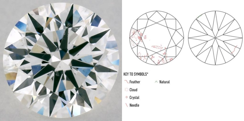 G Color SI2 Diamond with Hazy Cloud Inclusion That Softens the Center Sparkle 1.00 carat G color SI2 clarity round diamond with a hazy cloud inclusion under the table, shown next to its GIA clarity plot.