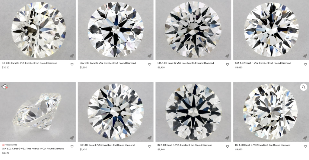 Click to explore James Allen's diamond imaging technology in full detail Grid of round brilliant diamonds displayed on James Allen's website with high-definition viewing angles and clarity filters.