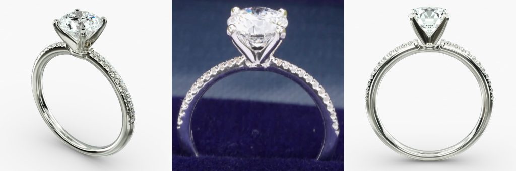 Petite Micropavé Engagement Ring Setting from Blue Nile from 3 perspectives.