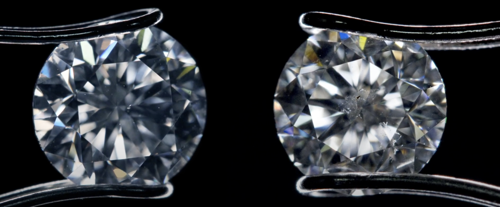 Eye-Clean vs Not Eye-Clean SI2 Diamond Comparison Two SI2 diamonds side by side, one eye-clean and one with visible black inclusions under the table.