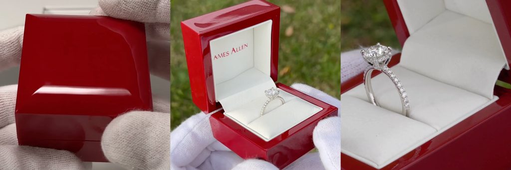 James Allen's signature red lacquered engagement ring box with white interior, photographed unopened and opened from 3 different perspectives.