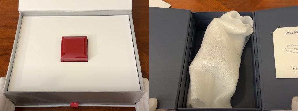 Side-by-side view of the outer presentation boxes from James Allen and Blue Nile, showing how each brand packages their ring box upon delivery.