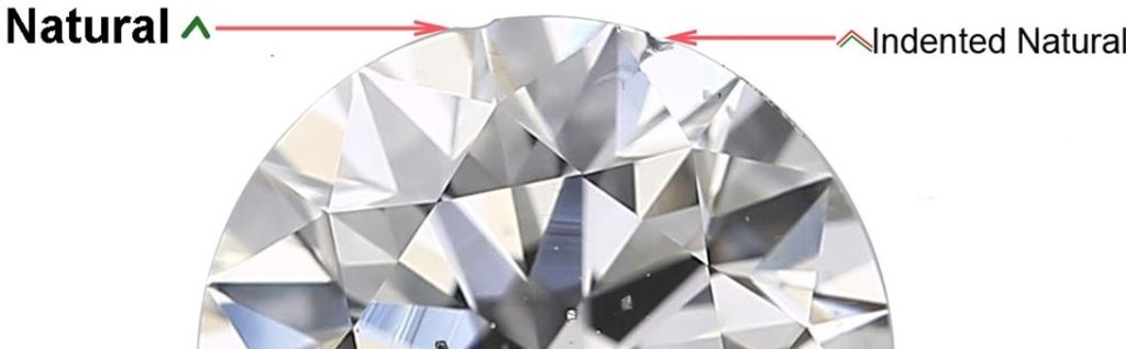Rare Diamond with both a Natural and Indented Natural Inclusion on the Girdle Side-by-side comparison of a natural and indented natural inclusion along the girdle of a diamond.