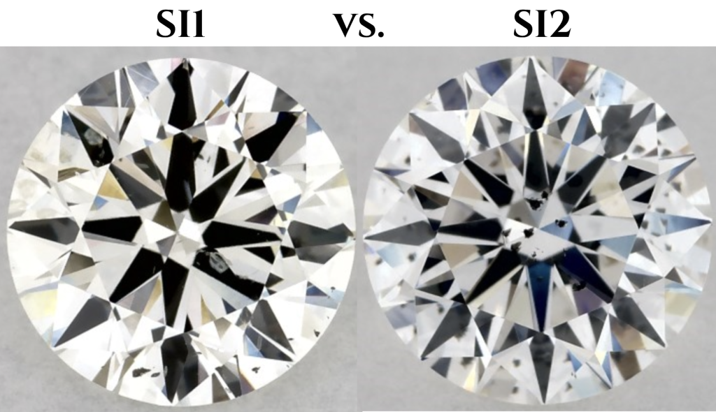 Side by side comparison of an SI1 clarity diamond and an SI2 clarity diamond showing differences in inclusion visibility