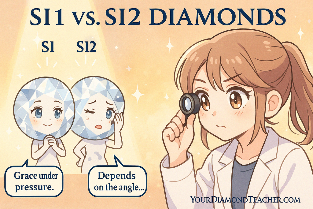 Anime-style comic showing SI1 and SI2 diamond spirits standing under spotlights while being evaluated by a gemologist girl with a loupe, highlighting the difference in visible inclusions.