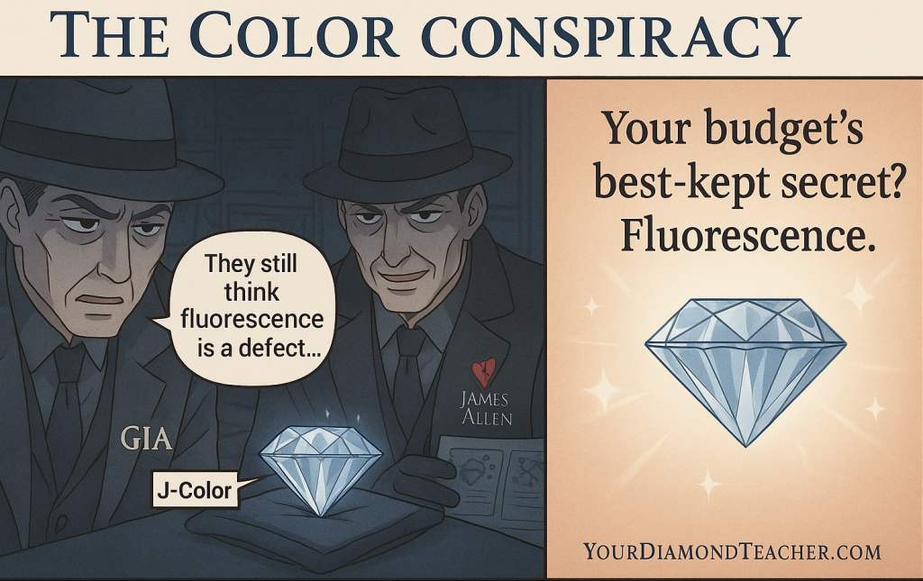 Fluorescence is not a defect! Two-panel anime-style comic showing GIA and James Allen agents in a shadowy diamond warehouse. The GIA agent whispers, “They still think fluorescence is a defect,” while the James Allen agent replies, “Perfect… just as planned,” as they observe a glowing J-color diamond. The second panel reveals the diamond shining under UV light with the caption: “Your budget’s best-kept secret? Fluorescence.”