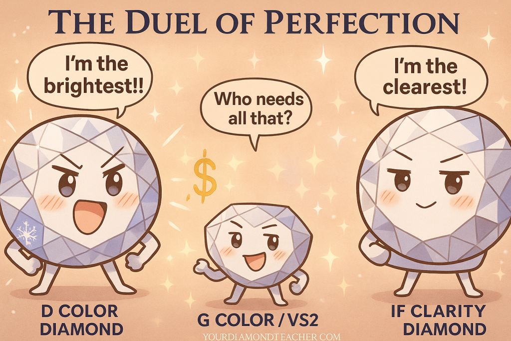 Even Diamonds Have Egos But Who Wins? Anime-style comic illustration featuring three anthropomorphized diamonds: a proud D color diamond on the left saying "I’m the brightest!", a calm IF clarity diamond on the right saying "I’m the clearest!", and a cheerful G color VS2 diamond in the center saying "Who needs all that?!" to compare beauty and value.
