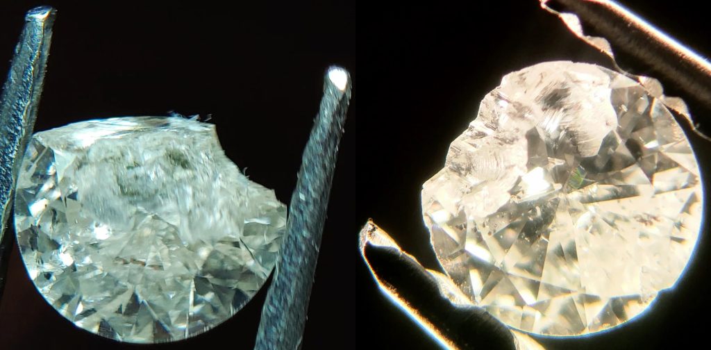Yes it can happen but it's rare Close-up of two round brilliant diamonds with significant edge chipping, showing possible results of structural weaknesses such as surface-reaching or girdle-crossing feather inclusions.