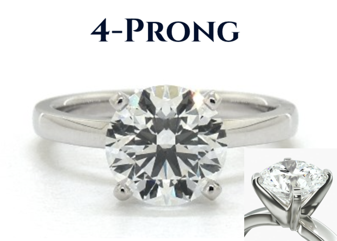 More diamond exposure, slightly less secure 4-prong solitaire engagement ring in white gold with a round diamond