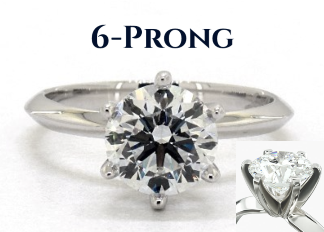 6-Prong with added security 6-prong solitaire engagement ring in white gold with a round diamond