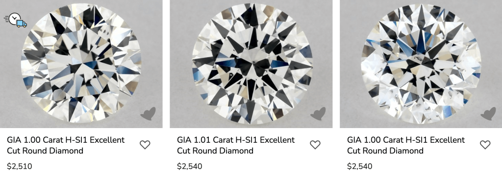 GIA diamonds filtered from lowest to highest cost Three GIA graded 1.00 carat H color SI1 clarity Excellent cut round diamonds with visible inclusions