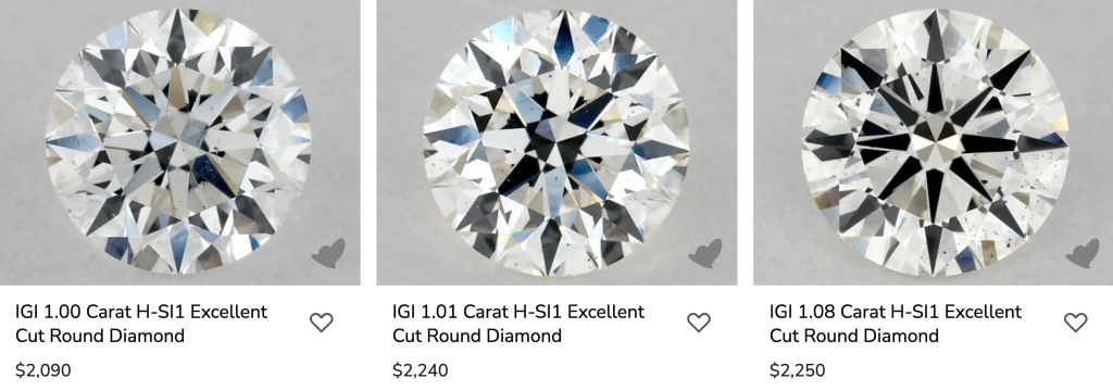 IGI diamonds filtered from lowest to highest cost Three IGI graded 1.00 carat H color SI1 clarity Excellent cut round diamonds with varying inclusion visibility