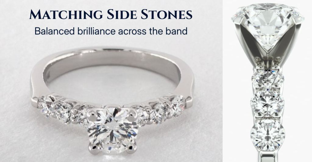 Balanced Brilliance Across the Band Engagement ring with uniform side stones displayed from top and side view to show symmetrical sparkle across the band