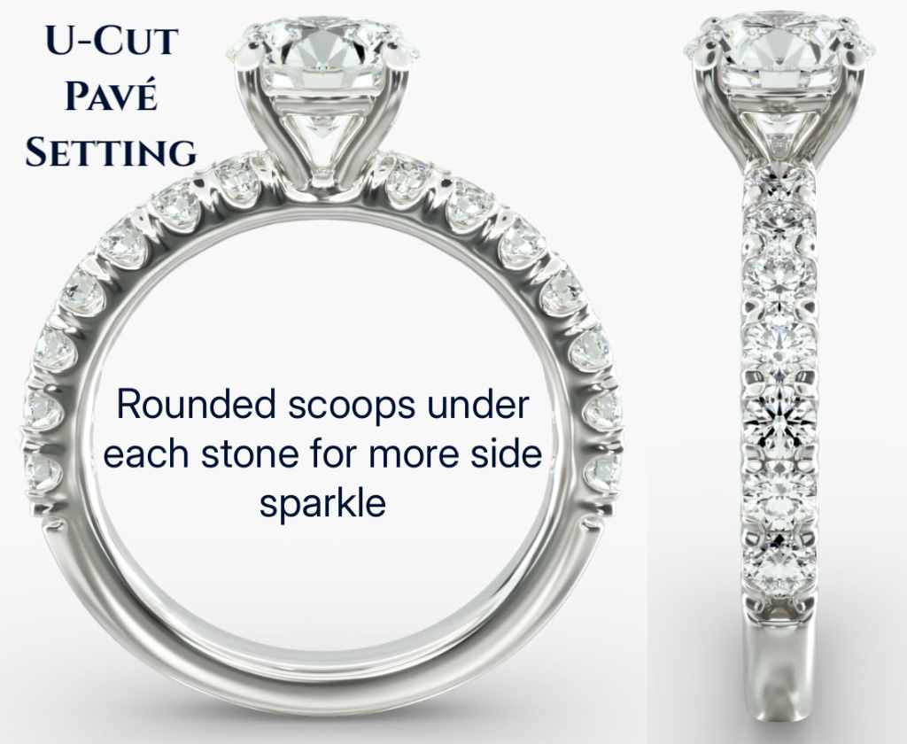 U-Cut Pavé Diamond Ring U-cut pavé diamond ring shown from two perspectives with rounded scoops beneath each diamond for enhanced side sparkle