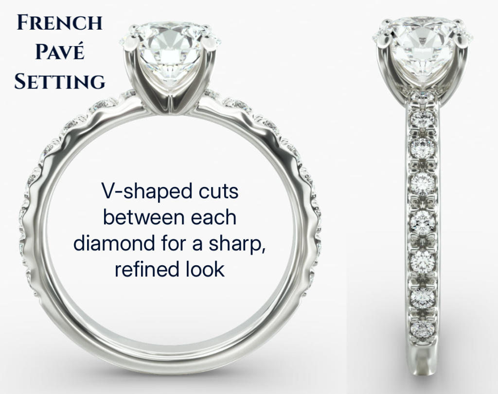 French Pavé Diamond Ring French pavé diamond ring shown from two angles with V-shaped cuts between diamonds for a refined, elegant finish