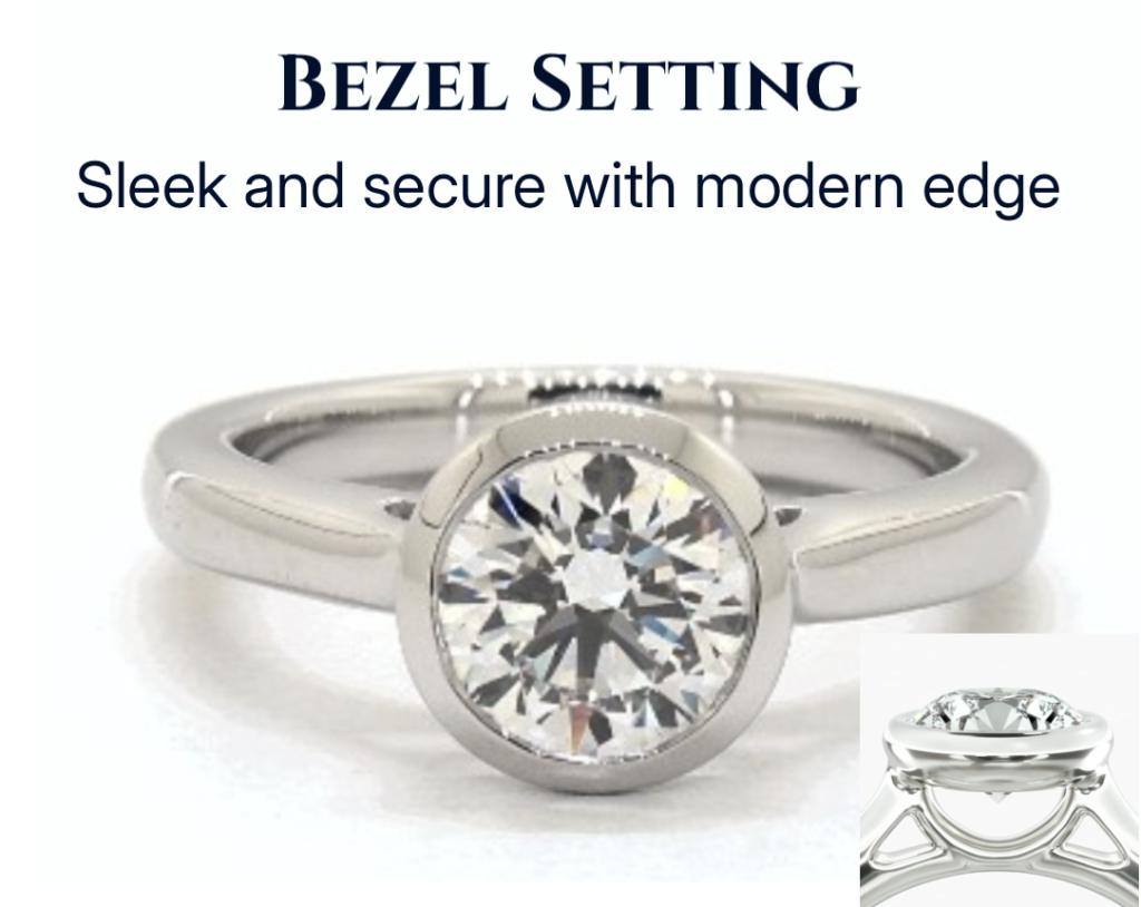 Sleek and Secure Bezel setting diamond ring with 1.2 carat round center and 2.0 mm band shown in sleek side profile