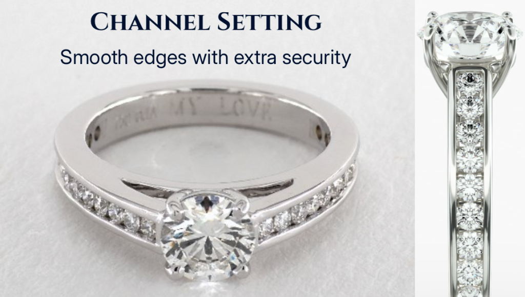 Sleek Security and Classic Brilliance White gold engagement ring with a channel setting and a 0.75 carat round center diamond, featuring a 2.2mm band with securely set side diamonds in smooth metal grooves.