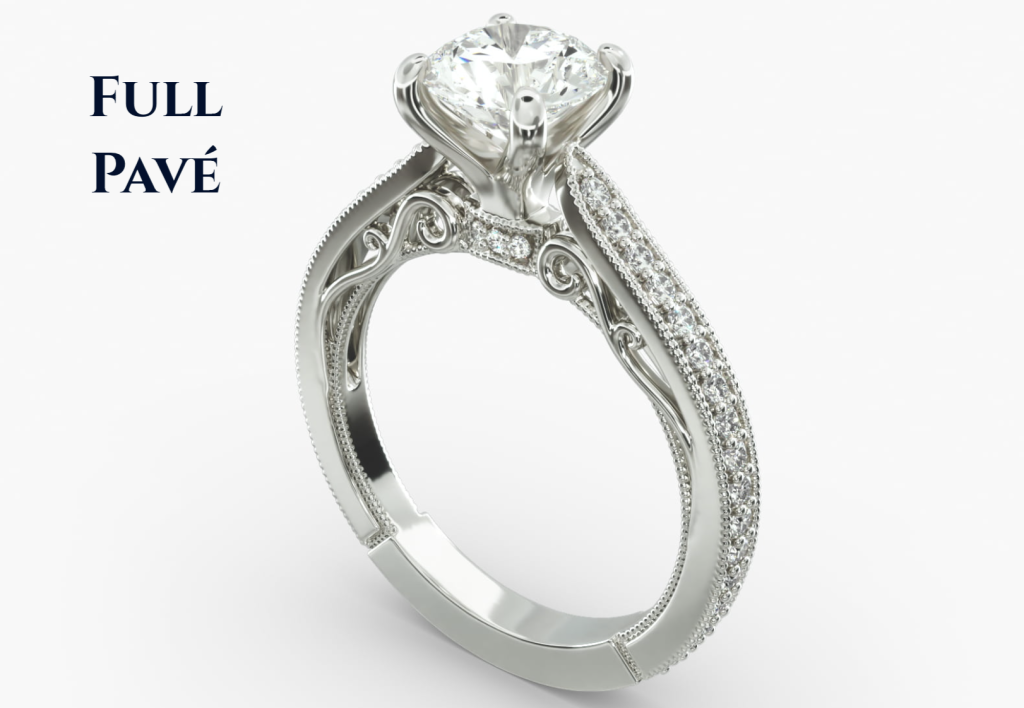 Full Pavé Ring Setting (More difficult to resize) Full pavé engagement ring setting with diamonds encircling the entire band