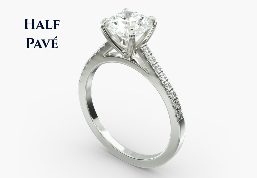 Half Pavé Ring Setting Half pavé engagement ring setting with diamonds along the top of the band only