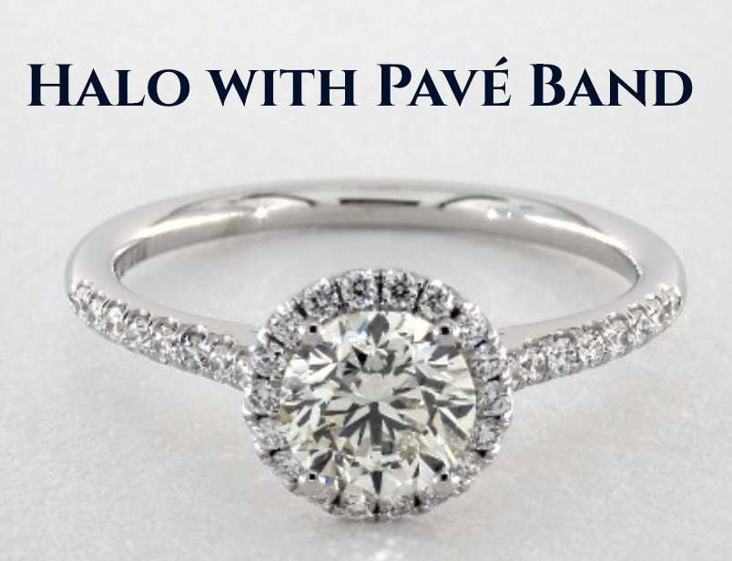 Halo ring with pavé diamond band Halo engagement ring with round center diamond and pavé diamond band