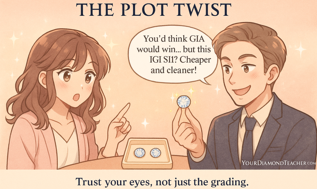 Plot twist at the diamond counter: IGI stuns GIA with sparkle and price Anime-style comic showing a confident shopper pointing to a GIA-certified diamond while the jeweler smirks, holding up a sparkling IGI SI1 diamond that outshines it. The scene includes a stylish couple, soft pastel tones, sparkles around the diamonds, and the caption “Trust your eyes, not just the grading.”