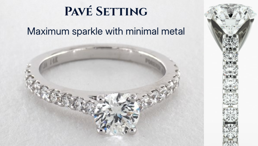 Dainty Band with Maximum Sparkle White gold engagement ring with pavé setting and a 0.75 carat round center diamond, showcasing a 2.2mm band lined with small prong-set diamonds for added brilliance.