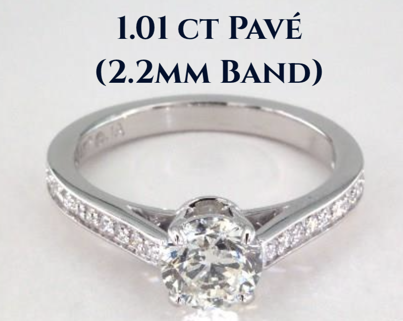 1.01 ct Pavé Ring Setting 1.01 carat round diamond in a pavé engagement ring setting with a 2.2 mm band.
