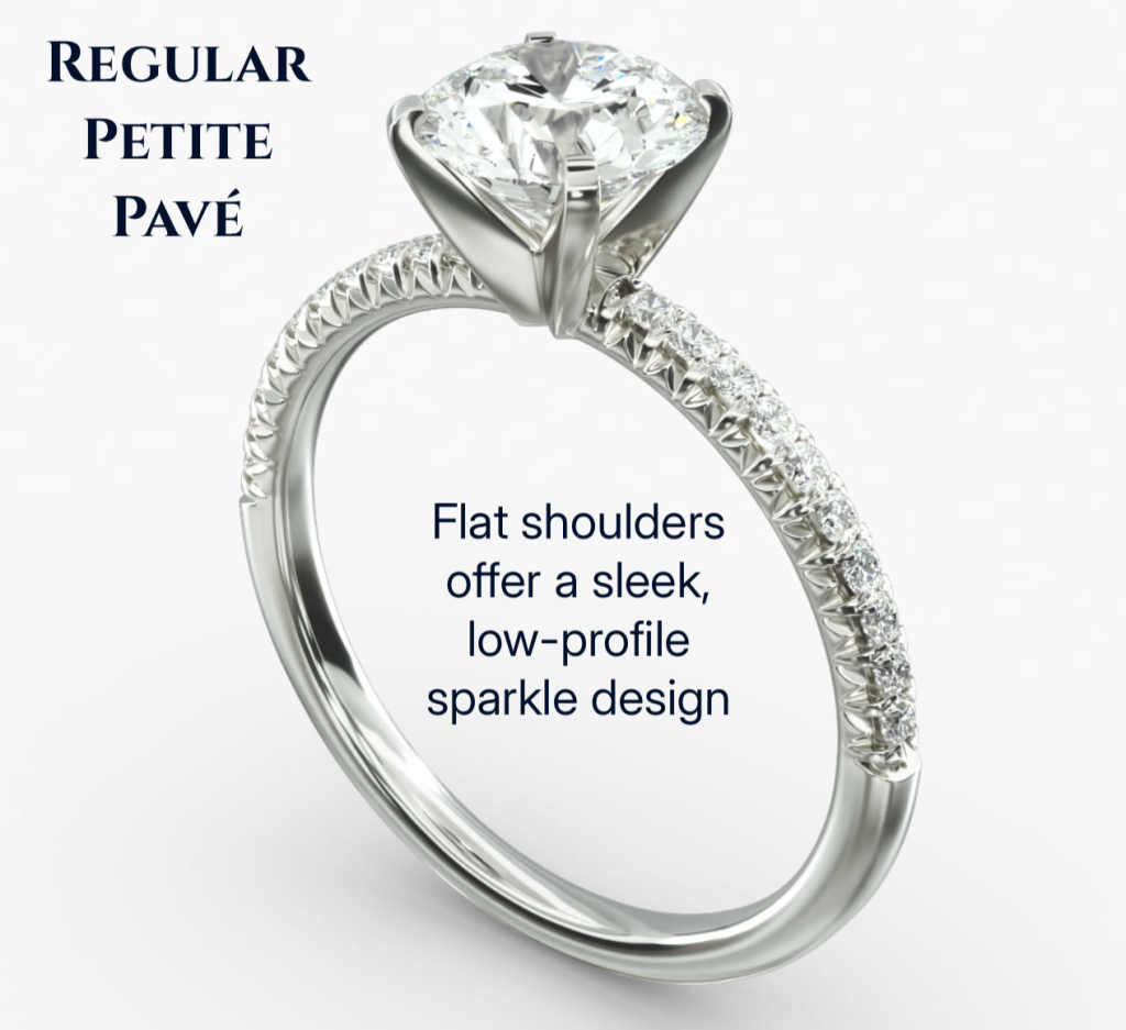 Sleek Look with Delicate Sparkle White gold petite pavé engagement ring with flat shoulders and a low-profile prong setting