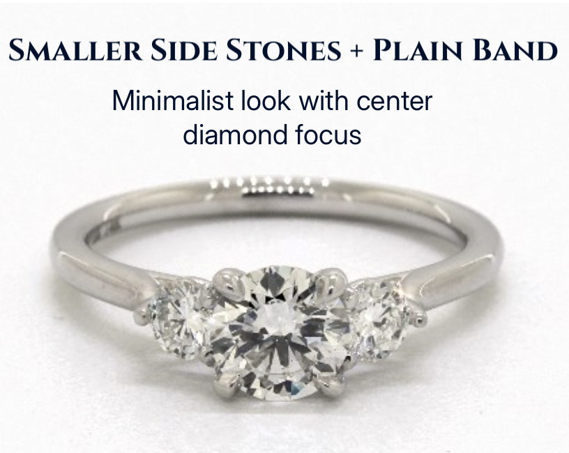 Sleek and Simple with a Spotlight on the Center Three-stone engagement ring with smaller side diamonds and plain band for a minimalist style