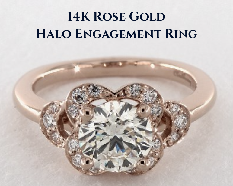 richer and warmer 14K rose gold ring Romantic blush pink 14K rose gold halo engagement ring with sparkling diamond accents