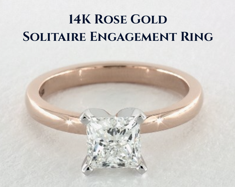 lighter and softer 14K rose gold ring Elegant pink 14K rose gold solitaire engagement ring with princess cut diamond