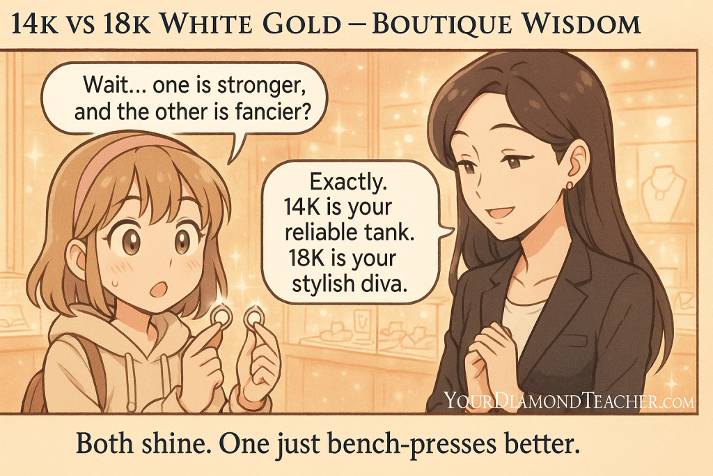 The White Gold Dilemma Anime-style comic illustration showing a jewelry shopper comparing 14K vs 18K white gold rings in a boutique, with the jeweler explaining the difference.