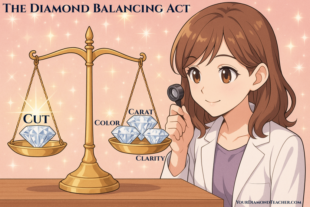 Anime-style illustration of a diamond balancing scale, with cut shown as the most important factor outweighing carat, color, and clarity, highlighting the key elements of diamond quality.