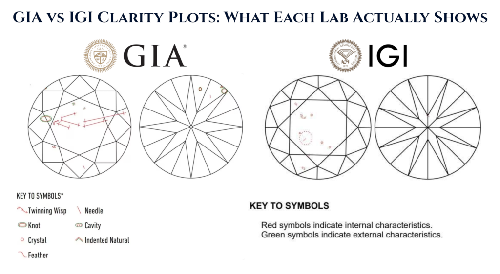 GIA vs IGI Clarity Plot Comparison Comparison of GIA and IGI diamond clarity plots showing how GIA uses standardized symbols for different inclusion types, while IGI plots show only generic markings.